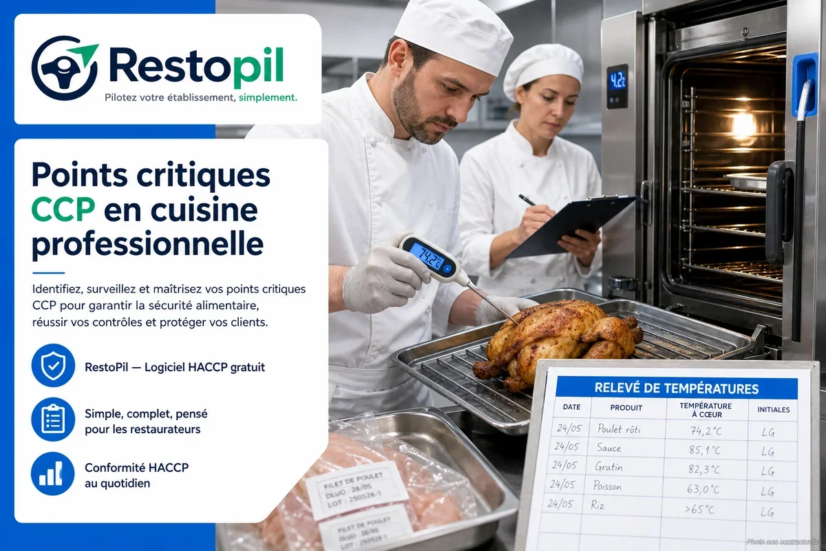 Chef cuisinier vérifiant la température d'un plat avec une sonde dans une cuisine professionnelle