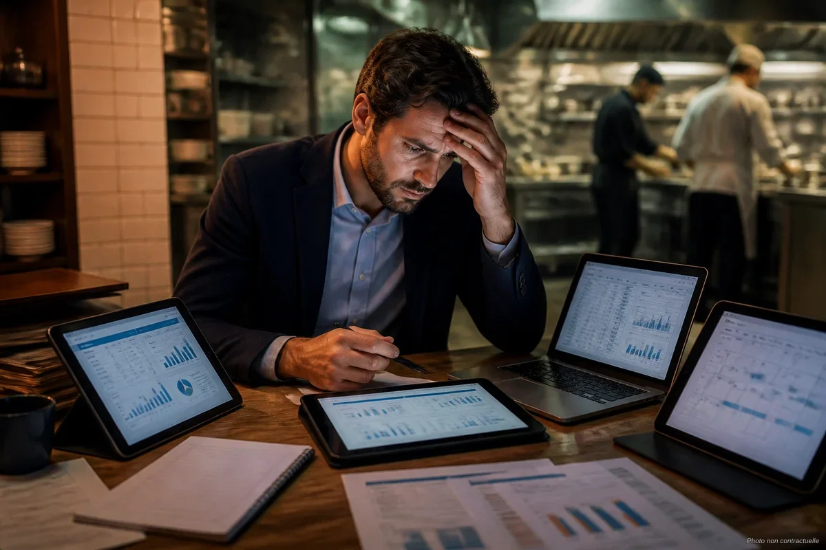 Gérant de restaurant frustré face à plusieurs écrans affichant des logiciels différents