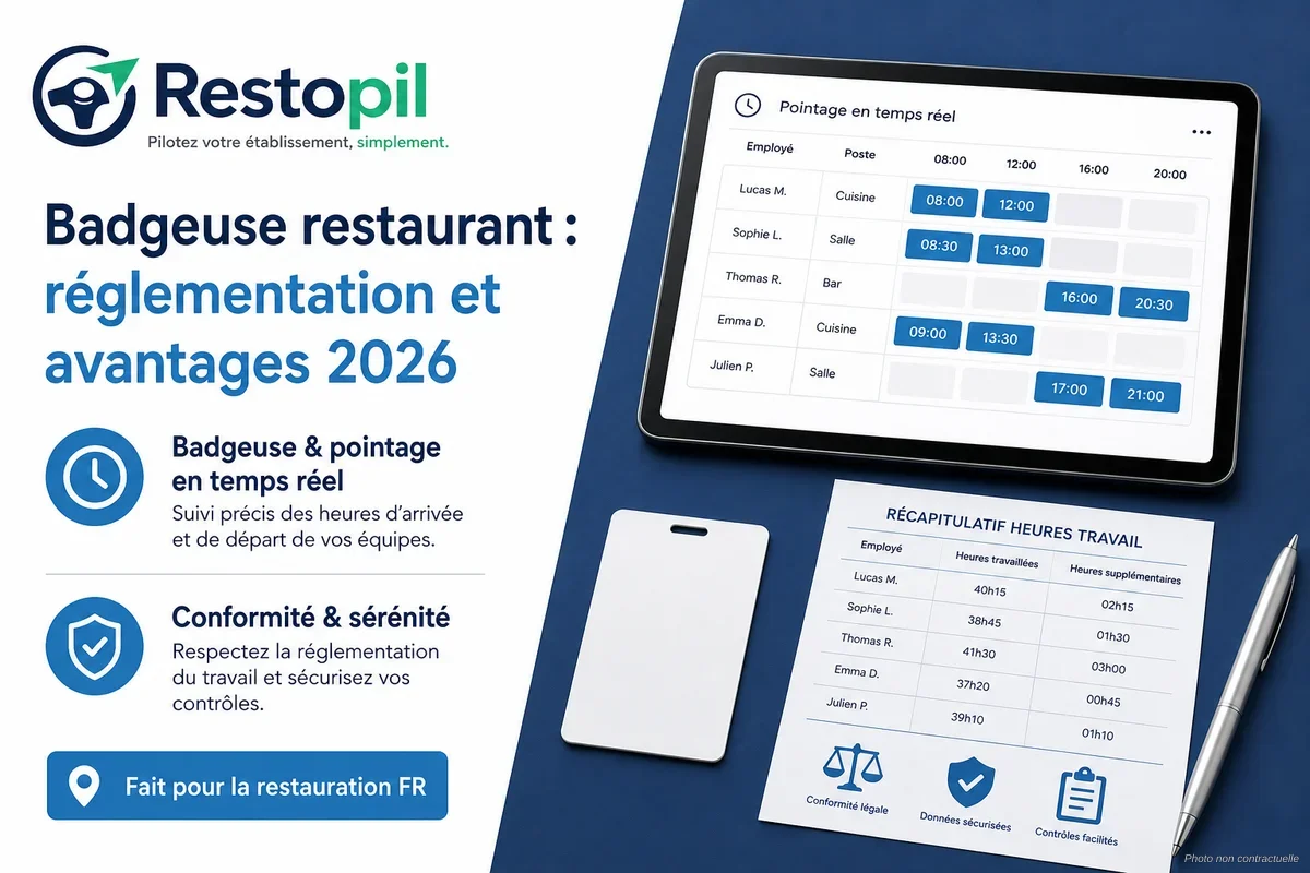 Gérant de restaurant consultant le pointage de ses employés sur une tablette en cuisine