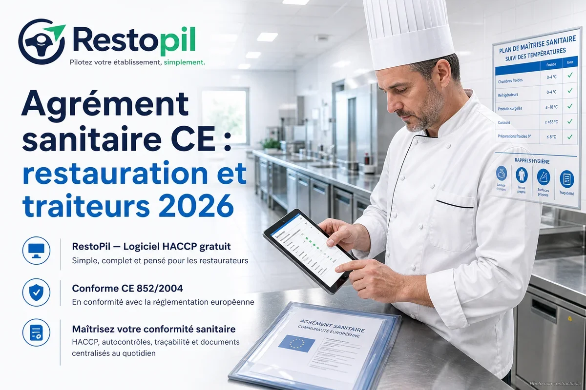Chef cuisinier en cuisine professionnelle vérifiant des documents de conformité sanitaire