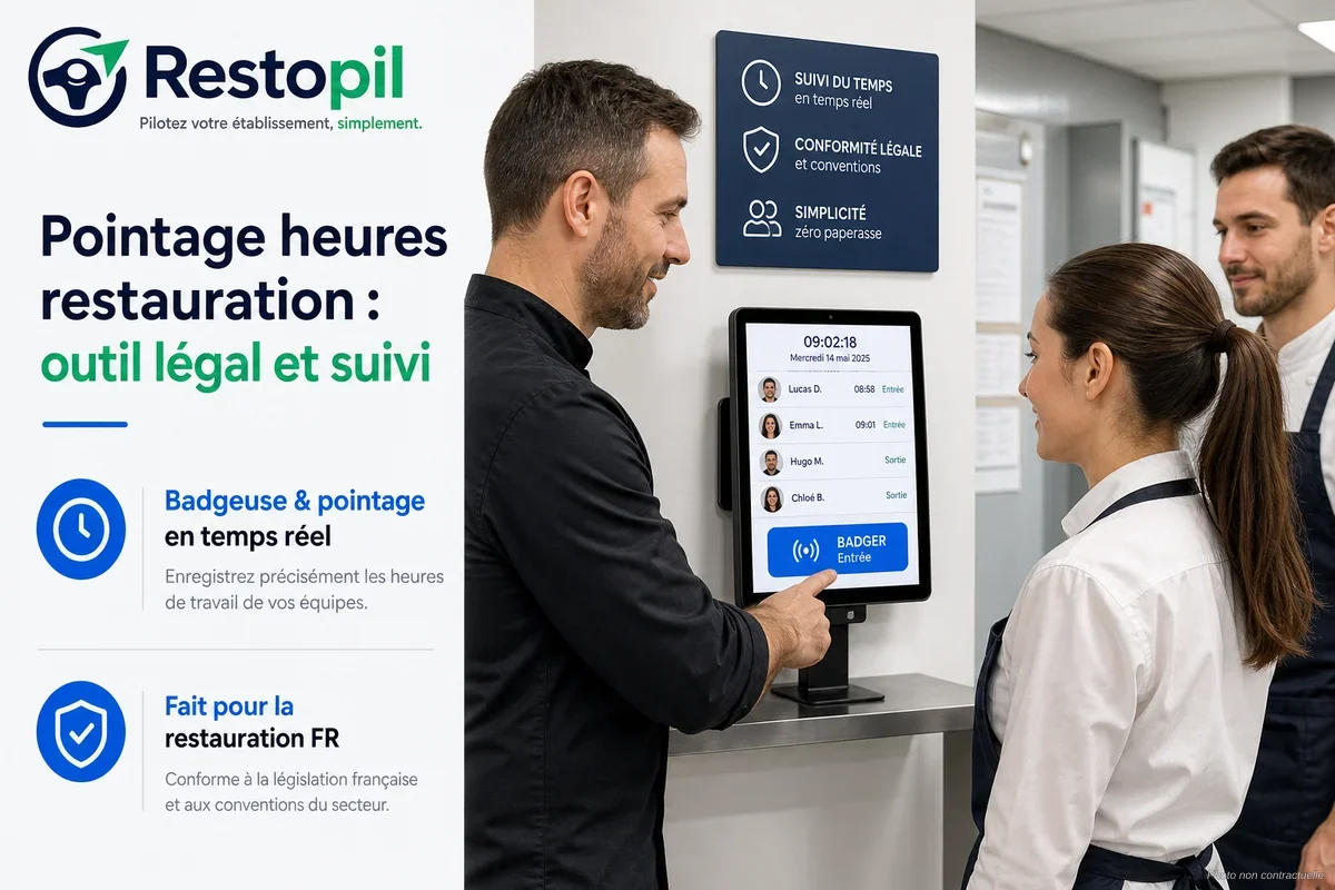 Gérant de restaurant consultant un planning RH et des heures de pointage sur une tablette en cuisine professionnelle