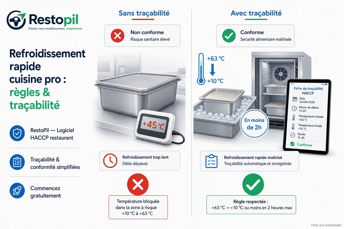 Chef professionnel qui vérifie la température d'un plat dans une cellule de refroidissement rapide en cuisine professionnelle