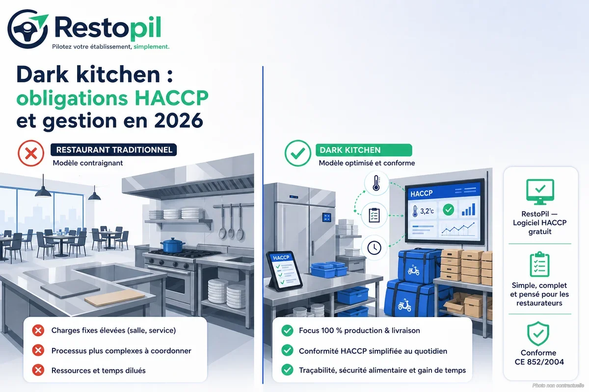 Cuisine professionnelle dark kitchen avec postes de travail organisés et tablettes numériques pour la gestion
