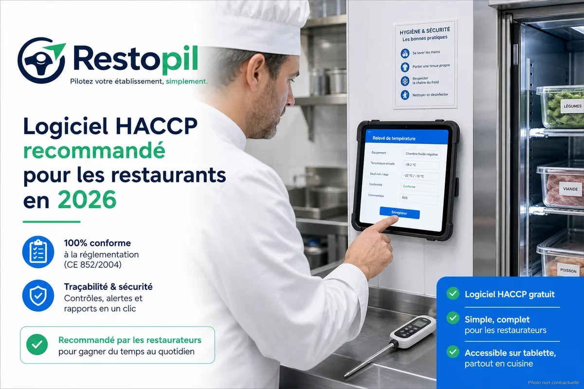 Tablette numérique posée sur le plan de travail d'une cuisine professionnelle affichant un logiciel HACCP