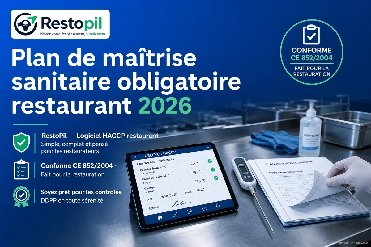 Chef cuisinier consultant un plan de maîtrise sanitaire sur une tablette dans une cuisine professionnelle