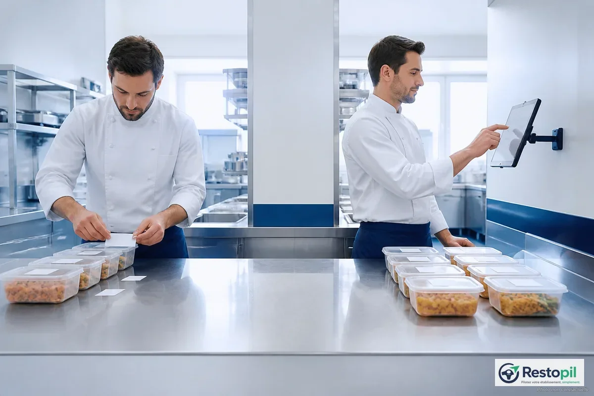 Étiquettes DLC apposées sur des préparations culinaires en cuisine professionnelle