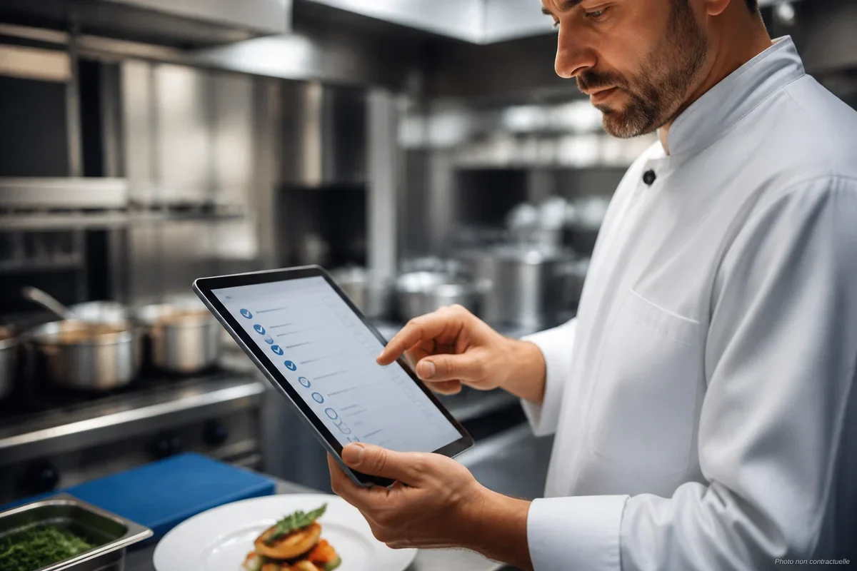 Chef cuisinier consultant une tablette pour vérifier une non-conformité alimentaire en cuisine professionnelle