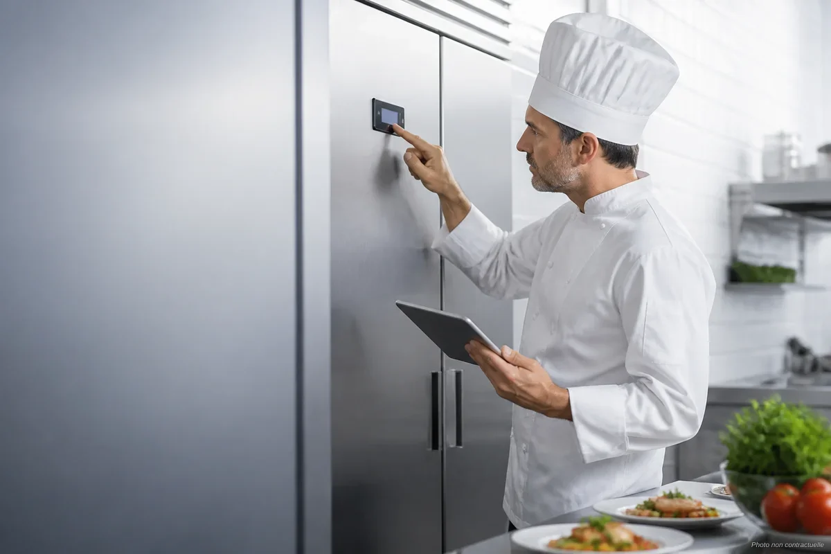 Technicien de restauration vérifiant la température d'un réfrigérateur professionnel en cuisine