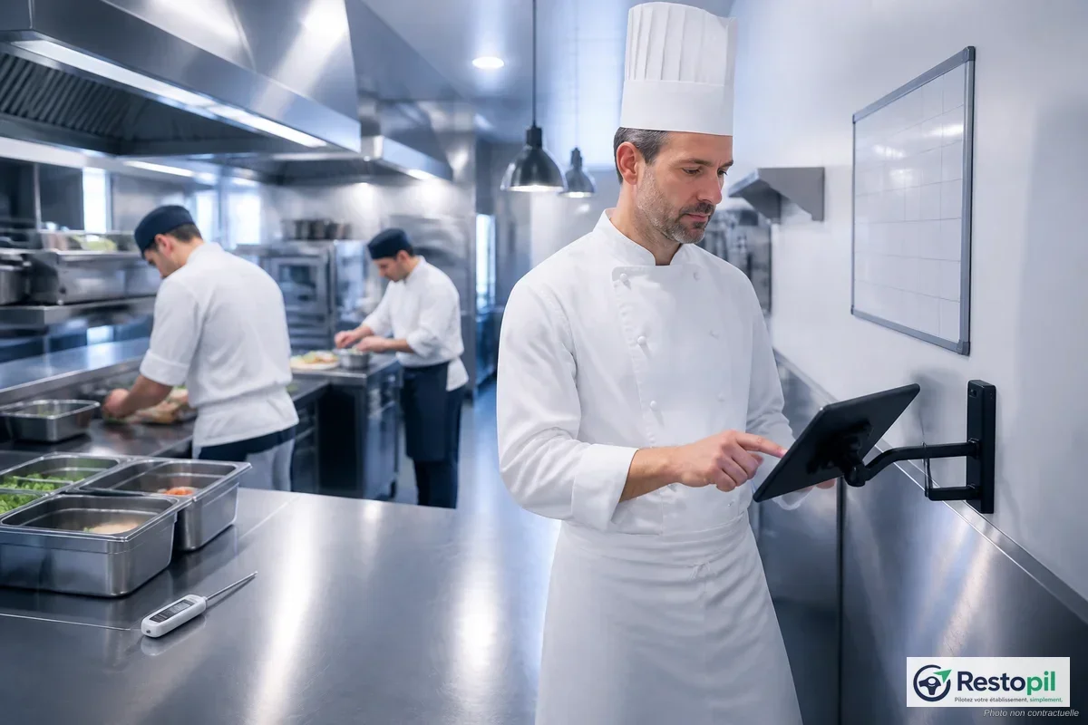 Chef et responsable de salle consultant un planning hebdomadaire en cuisine professionnelle