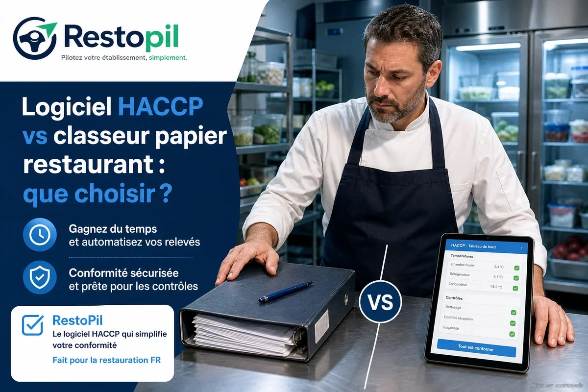 Classeur HACCP papier posé sur un plan de travail de cuisine professionnelle