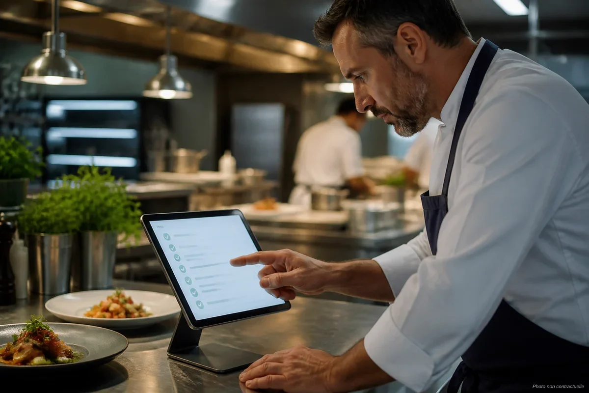 Restaurateur consultant son plan de maîtrise sanitaire HACCP sur une tablette en cuisine professionnelle
