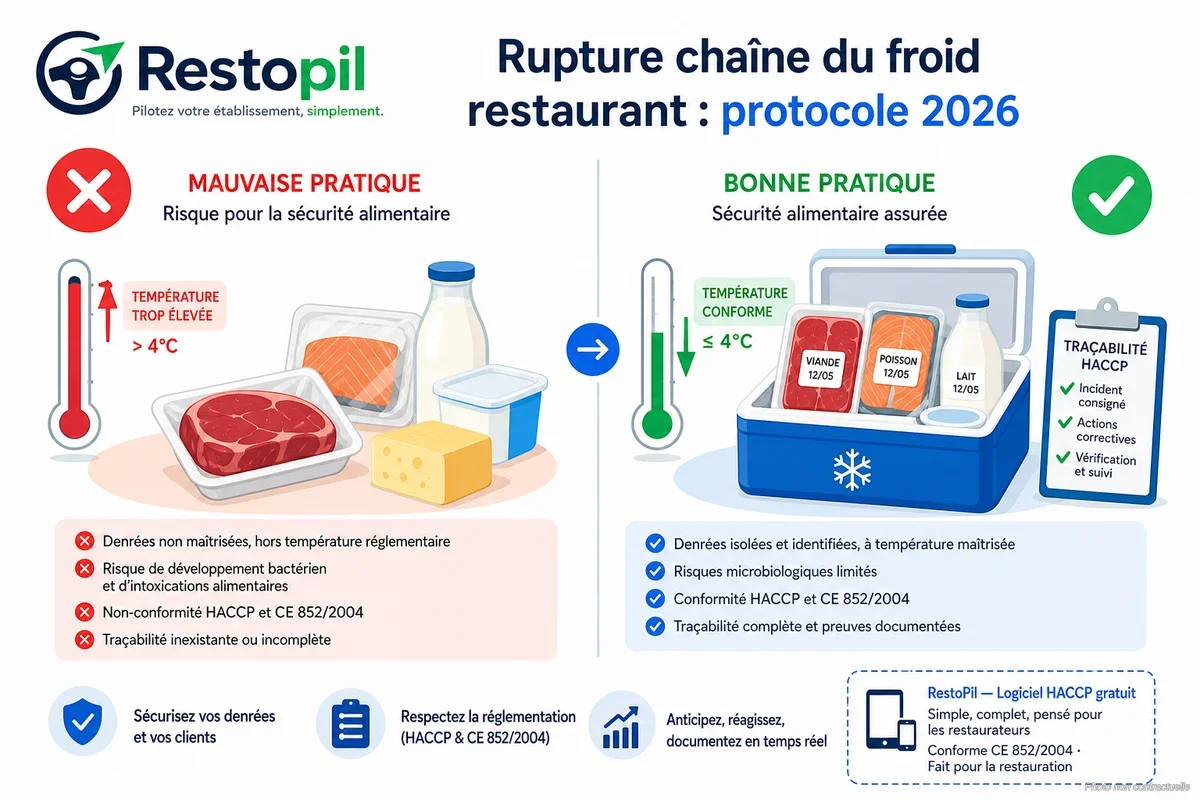 Chambre froide professionnelle avec thermomètre affichant une température hors seuil dans un restaurant