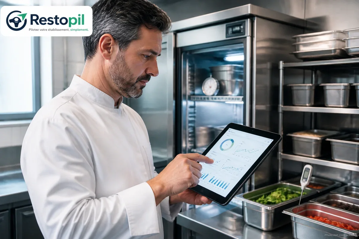 Gérant de restaurant consultant un logiciel HACCP sur tablette en cuisine professionnelle