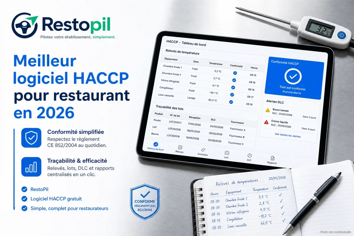 Cuisinier professionnel utilisant une tablette pour saisir des relevés HACCP en cuisine
