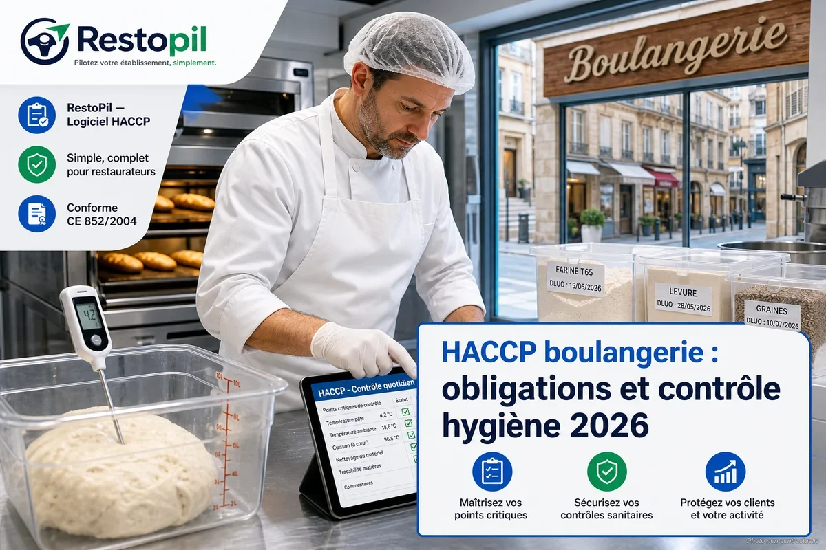 Boulanger en tablier blanc consultant une tablette numérique pour ses enregistrements HACCP dans sa boulangerie artisanale