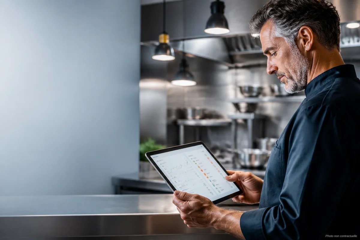 Gérant de restaurant utilisant une tablette avec le logiciel RestoPil en cuisine