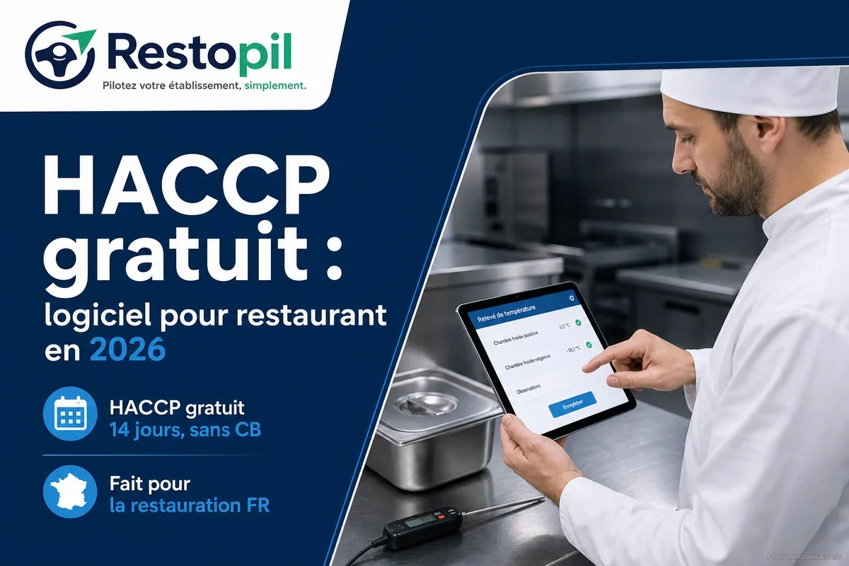 Restaurateur consultant son logiciel HACCP sur tablette dans une cuisine professionnelle