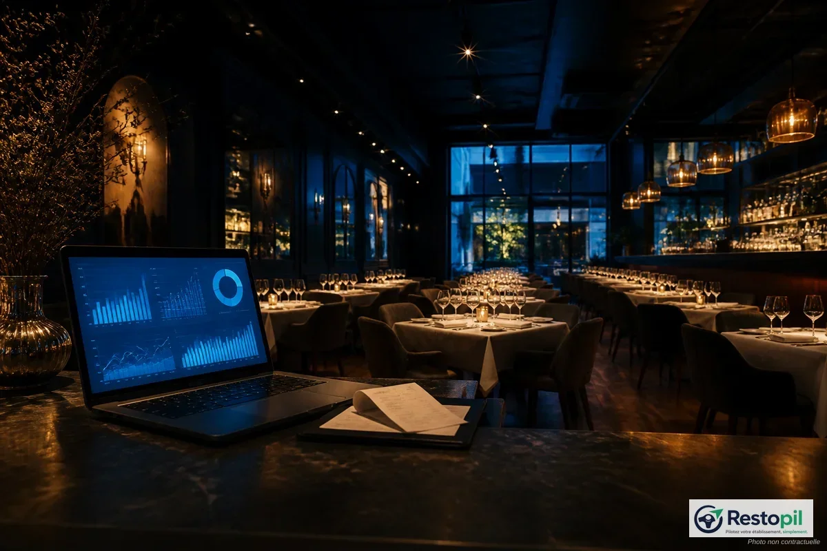 Gérant de restaurant consultant un tableau de bord de rentabilité sur tablette