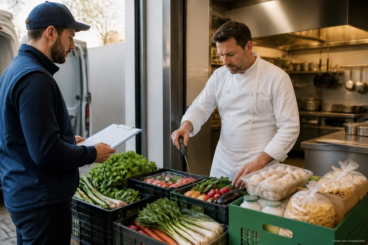 Restaurateur vérifiant une livraison de marchandises alimentaires à la réception de son restaurant
