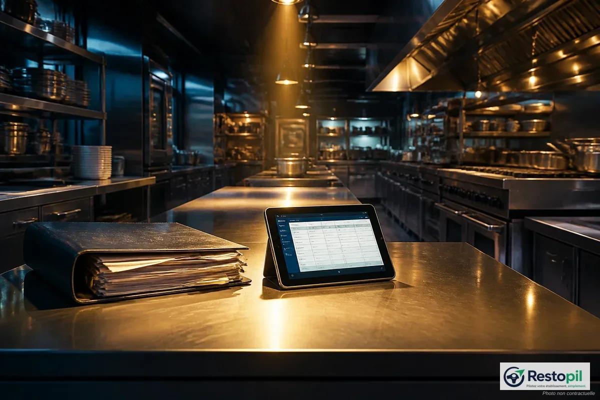Classeur HACCP papier ouvert sur un plan de travail de cuisine professionnelle française
