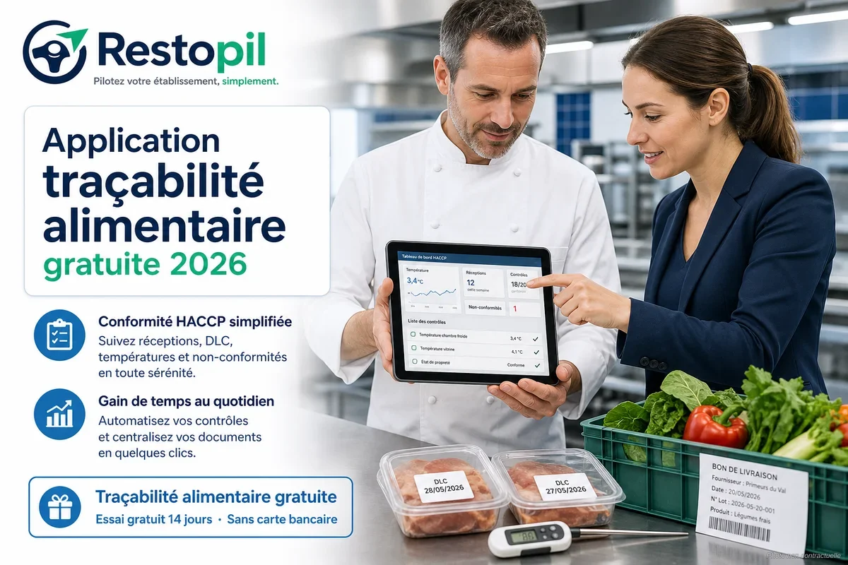Restaurateur vérifiant des étiquettes de produits alimentaires sur une tablette dans une cuisine professionnelle