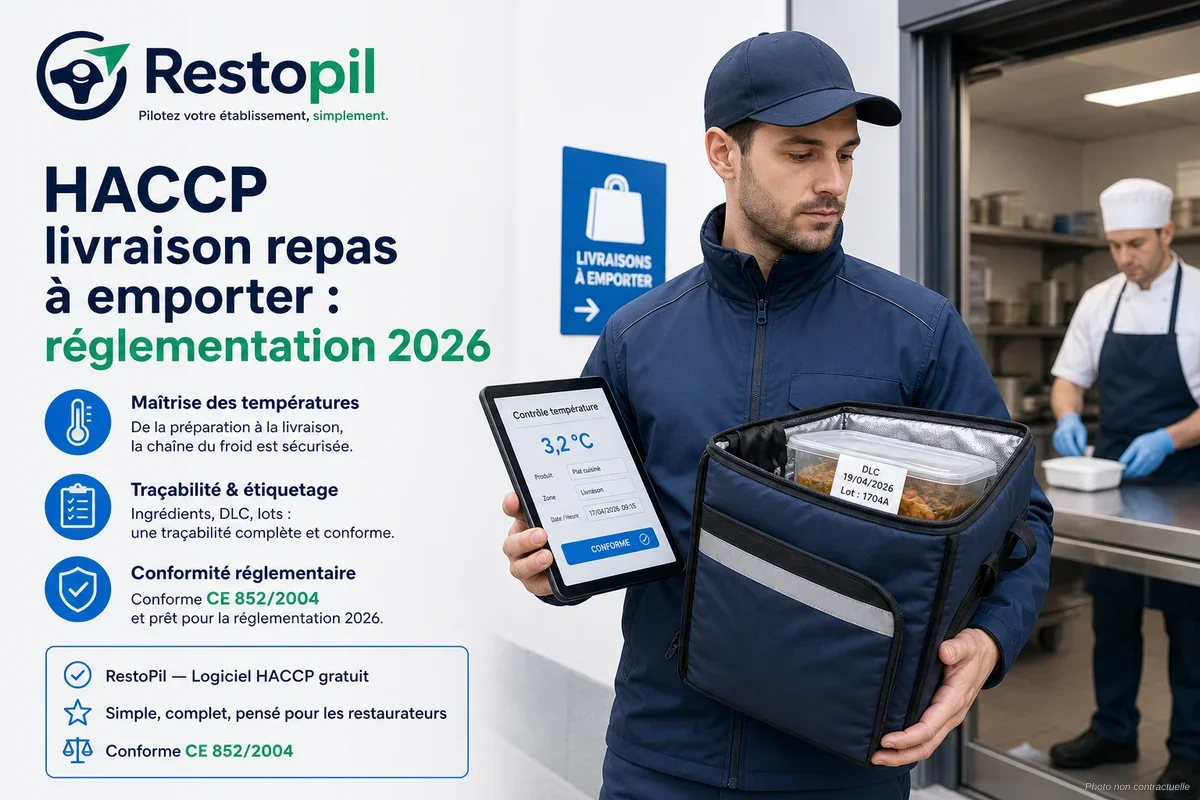 Chef en cuisine professionnelle qui conditionne des repas à emporter en vérifiant les étiquettes DLC sur une tablette HACCP