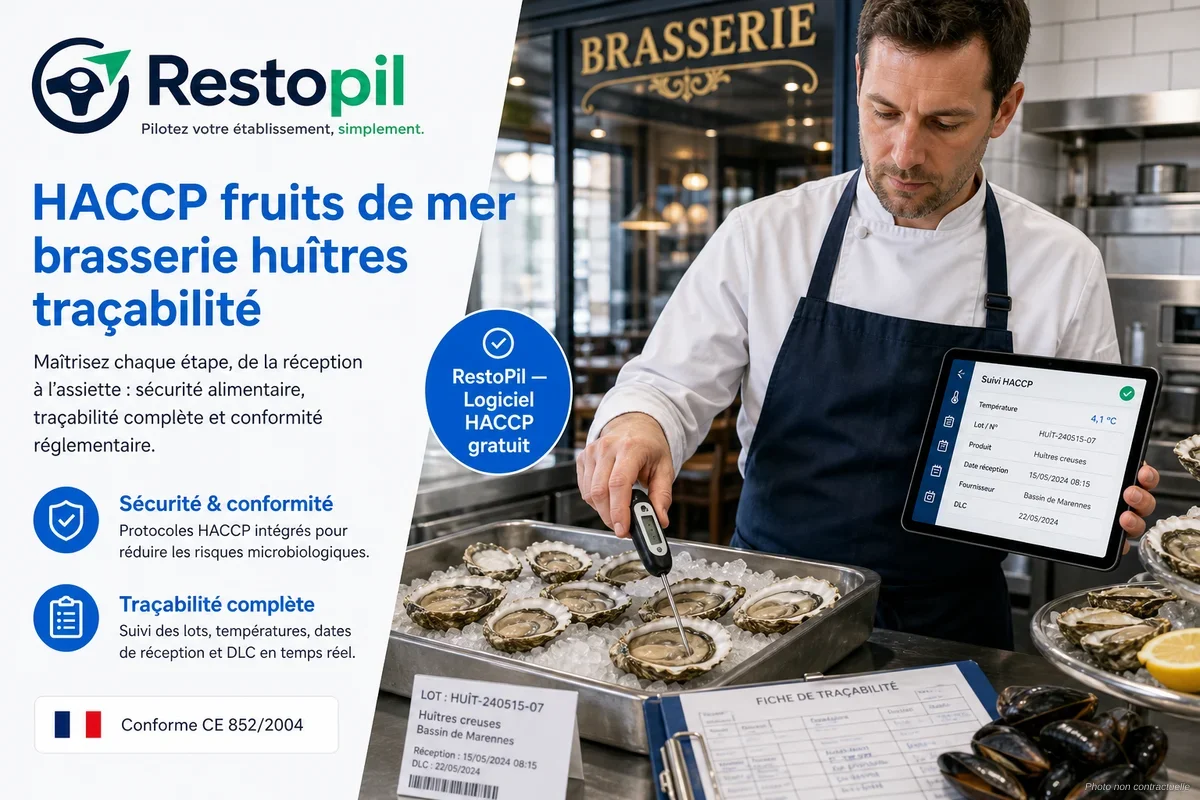Plateau d'huîtres fraîches en brasserie avec étiquetage traçabilité visible sur la caisse