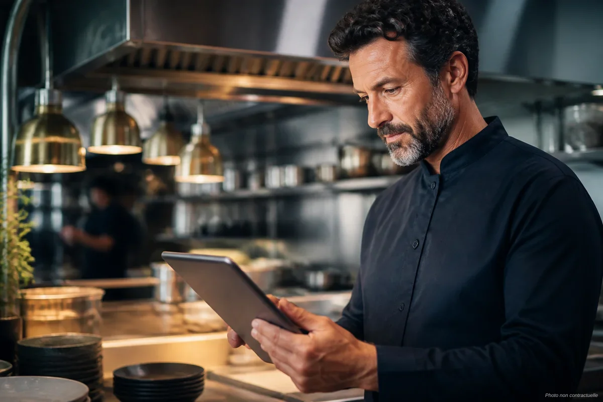 Gérant de restaurant consultant l'application RestoPil sur une tablette en cuisine