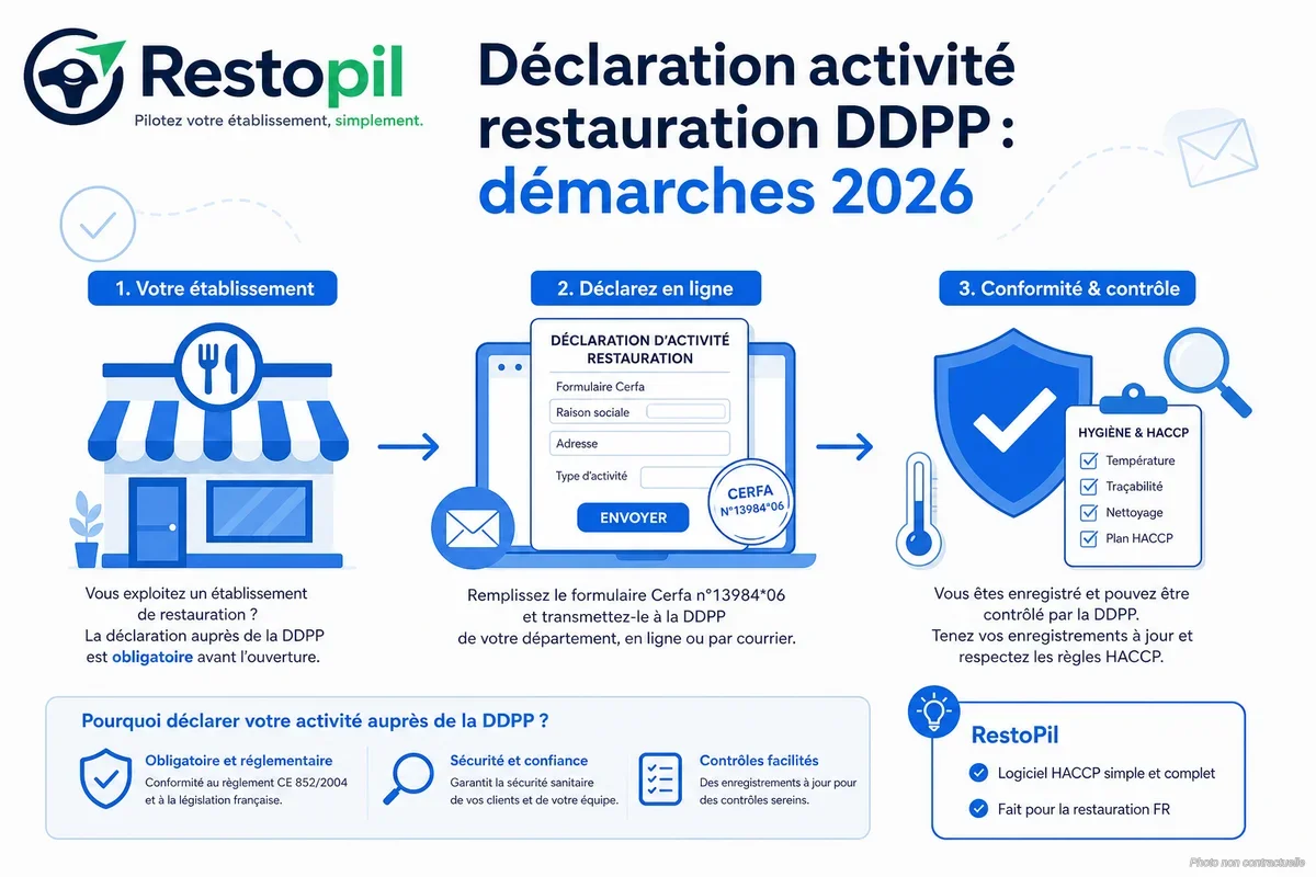 Formulaire administratif de déclaration d'activité restauration posé sur un bureau avec stylo