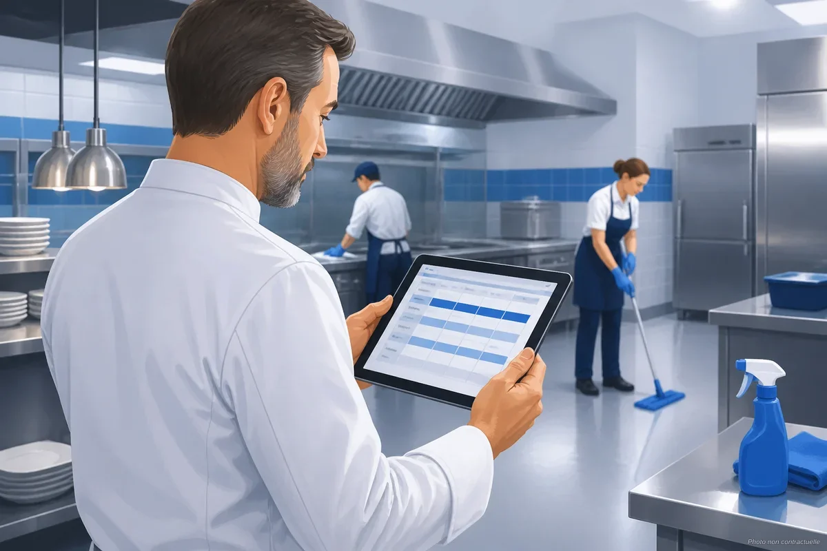 Gérant de restaurant consultant un plan de nettoyage sur tablette en cuisine professionnelle