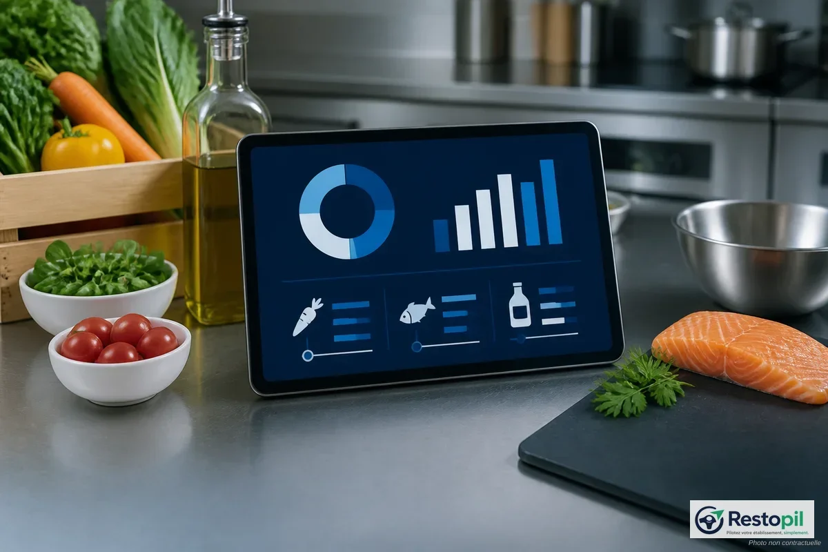 Chef cuisinier calculant le coût matière d'une recette dans une cuisine professionnelle