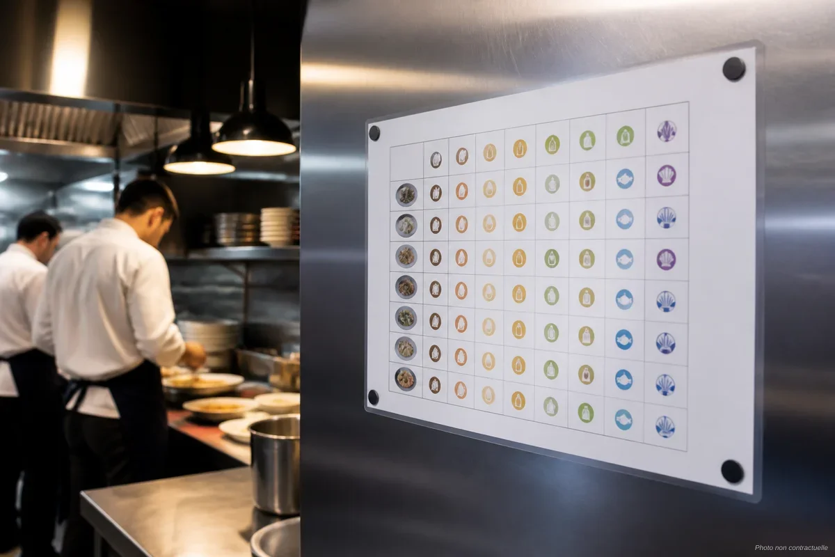 Tableau de matrice allergènes affiché dans la cuisine d'un restaurant professionnel