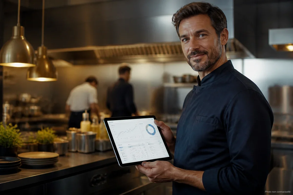 Restaurateur utilisant une tablette avec le logiciel RestoPil en cuisine