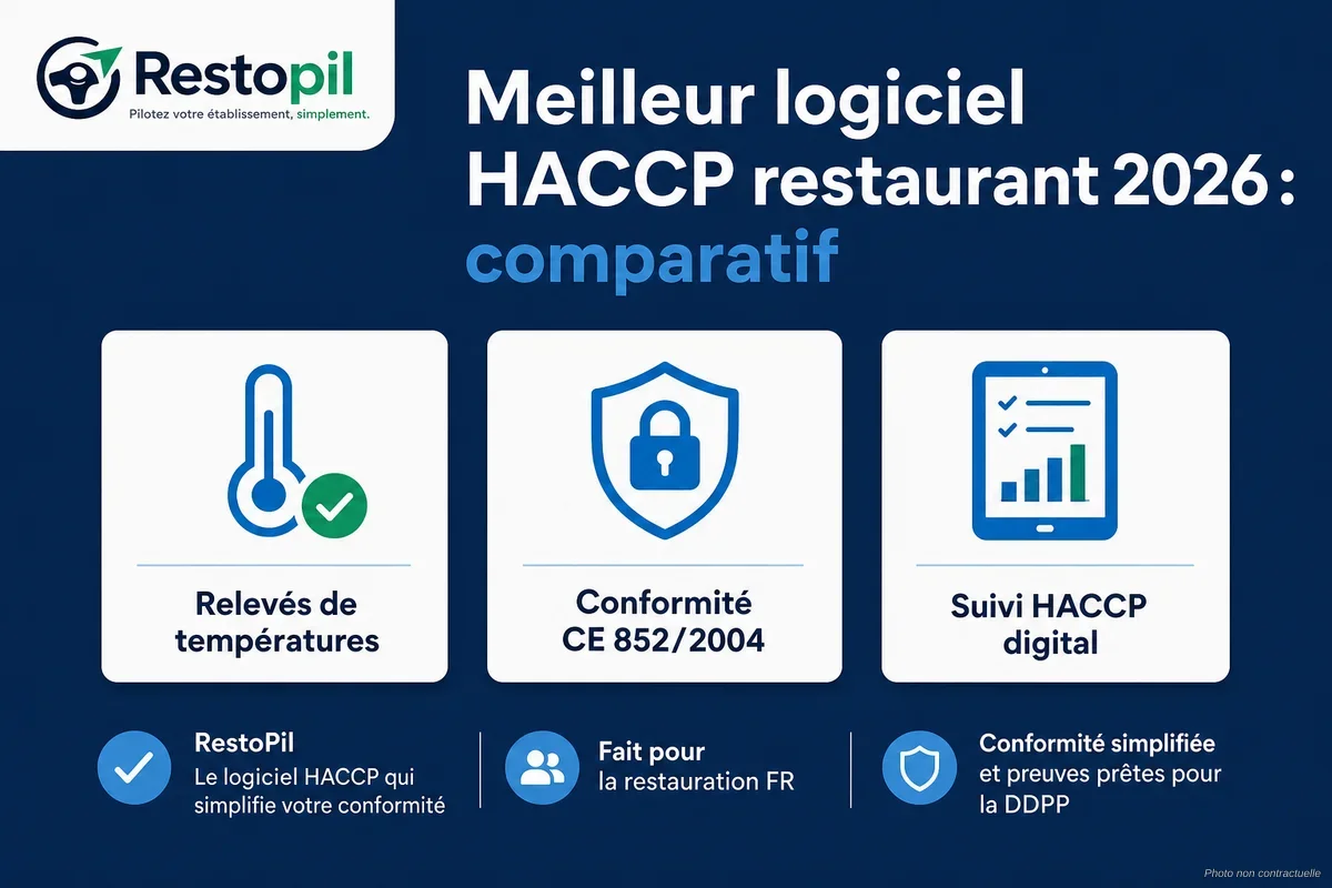 Cuisinier en cuisine professionnelle contrôlant la température d'un réfrigérateur avec une tablette affichant un logiciel HACCP