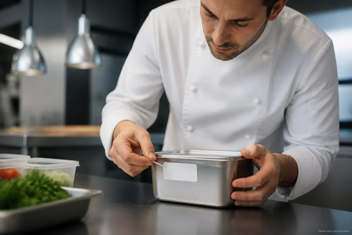 Chef en cuisine apposant une étiquette DLC sur un bac gastronorme en inox