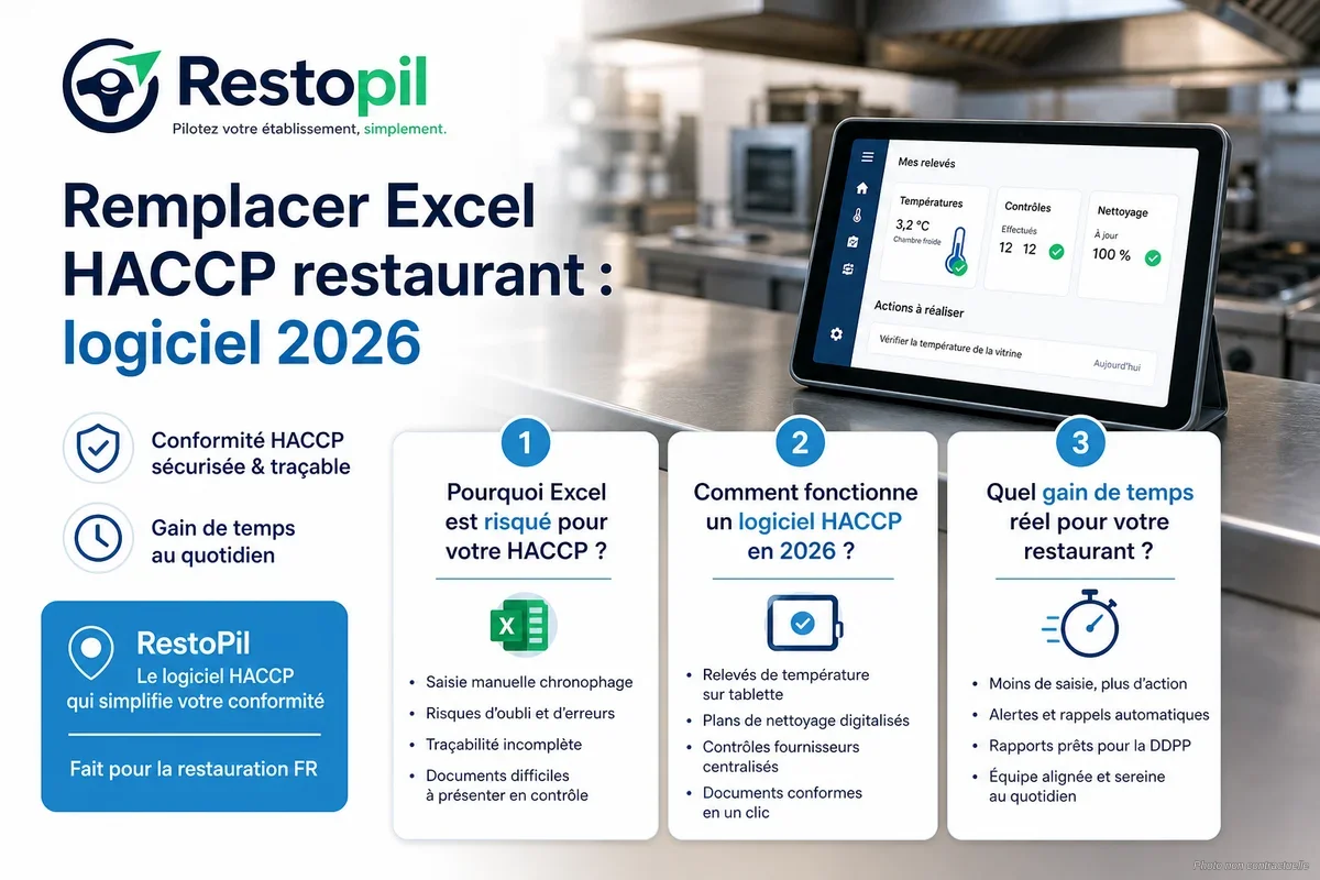 Gérant de restaurant frustré devant un tableur Excel HACCP complexe sur ordinateur