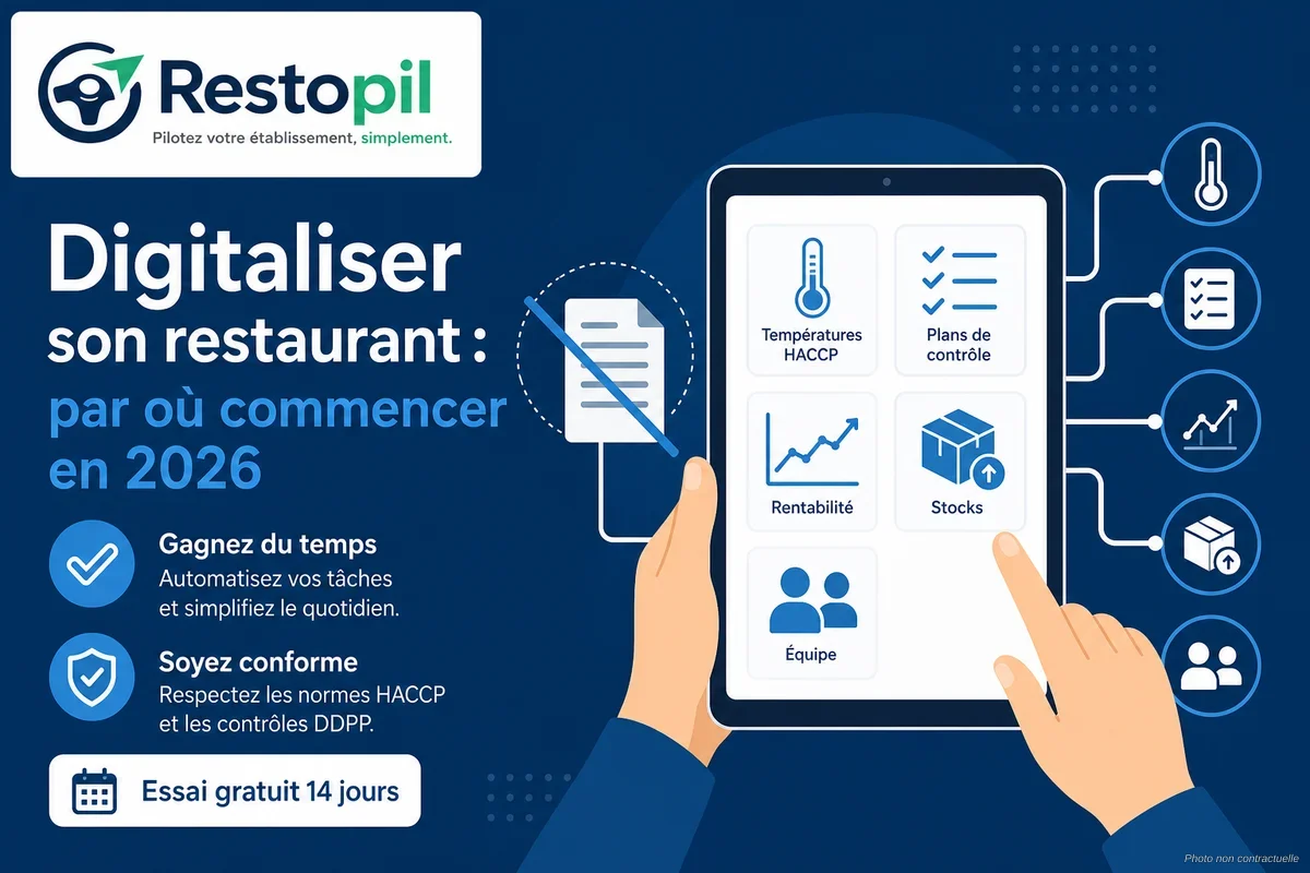 Gérant de restaurant consultant un tableau de bord numérique sur tablette en cuisine professionnelle