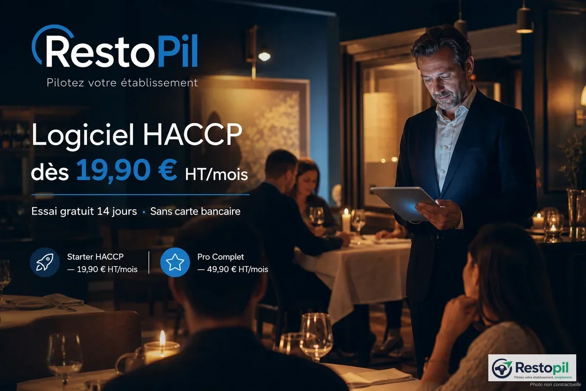 Gérant de restaurant consultant un logiciel HACCP sur tablette en cuisine professionnelle