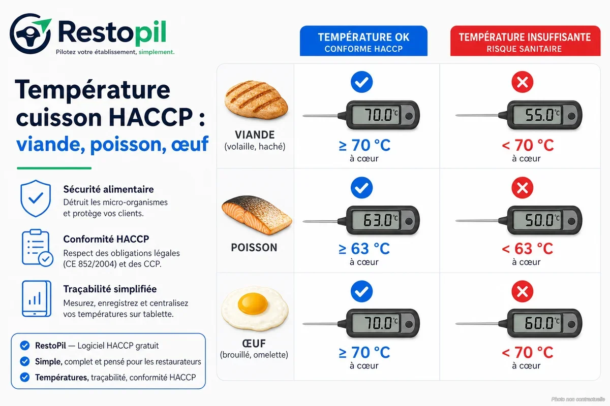 Chef professionnel utilisant une sonde thermomètre pour vérifier la cuisson d'une pièce de viande en cuisine professionnelle