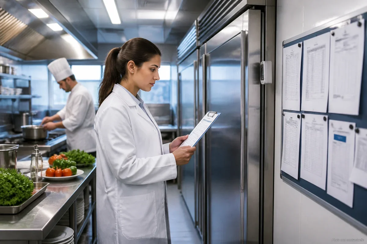Inspecteur sanitaire DDPP vérifiant les documents HACCP dans une cuisine de restaurant professionnelle