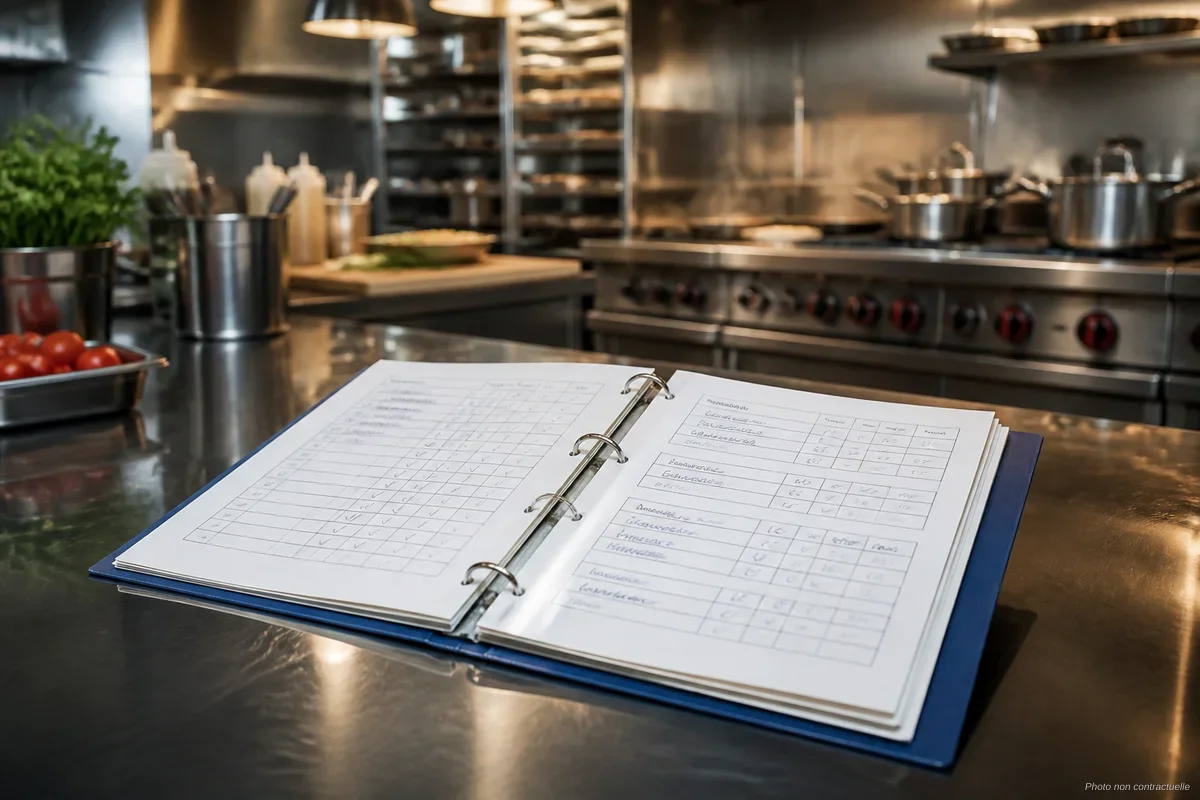 Classeur HACCP papier ouvert sur une table de cuisine professionnelle avec fiches de relevés de température