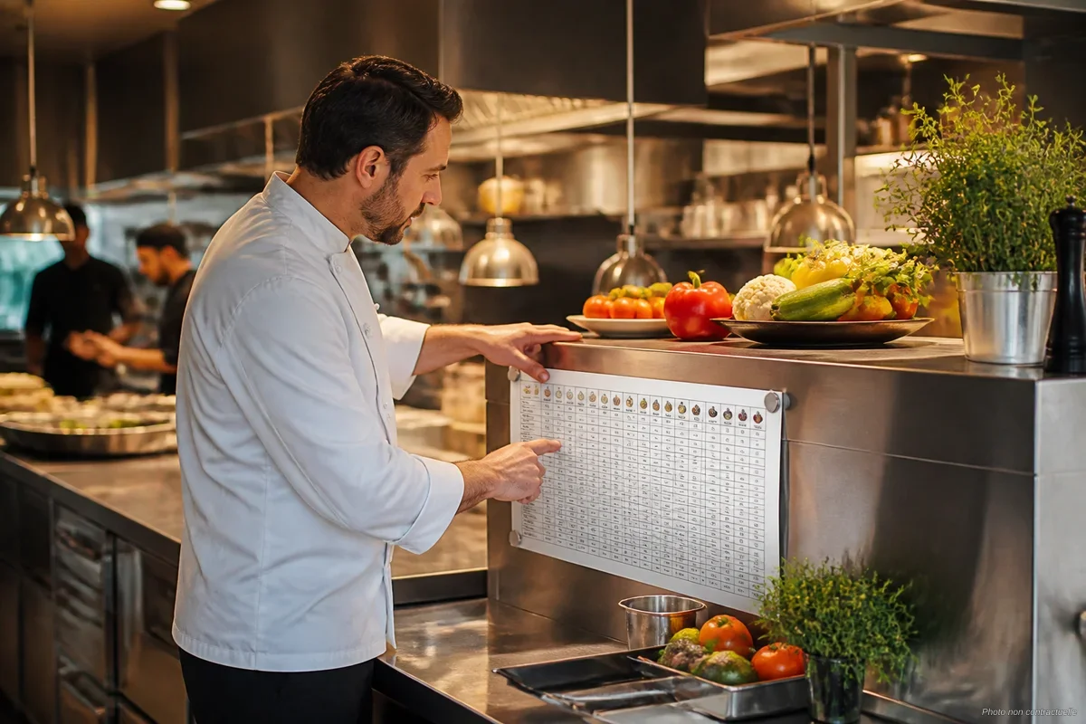 Chef consultant un tableau d'allergènes dans une cuisine de restaurant professionnelle