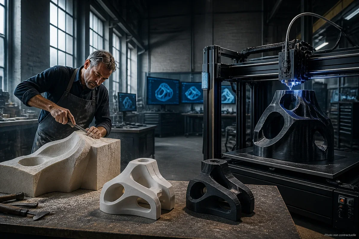 Tête d'impression 3D grand format en action sur une pièce volumétrique de décor scénique