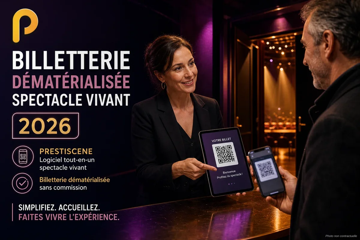 Agent d'accueil scannant un QR code sur smartphone à l'entrée d'une salle de spectacle