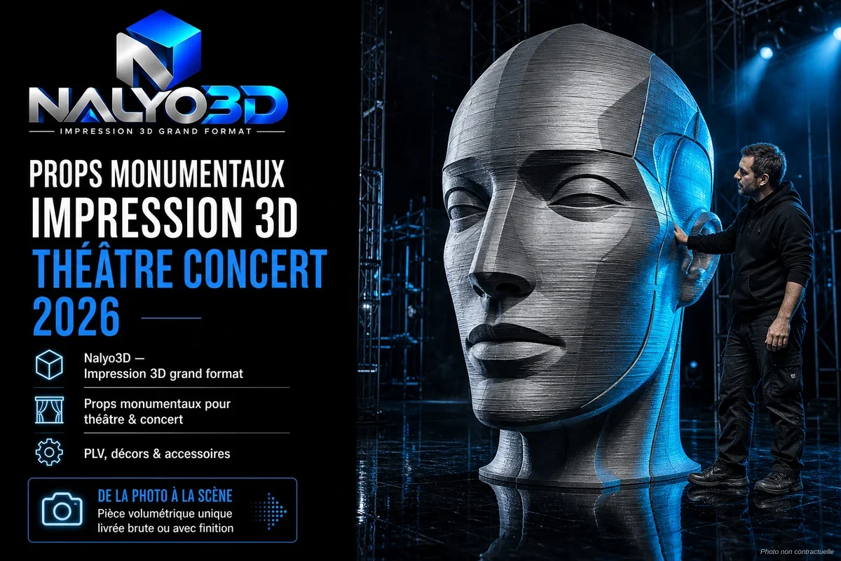 Prop monumental imprimé en 3D grand format sur un plateau de scène, finition peinture