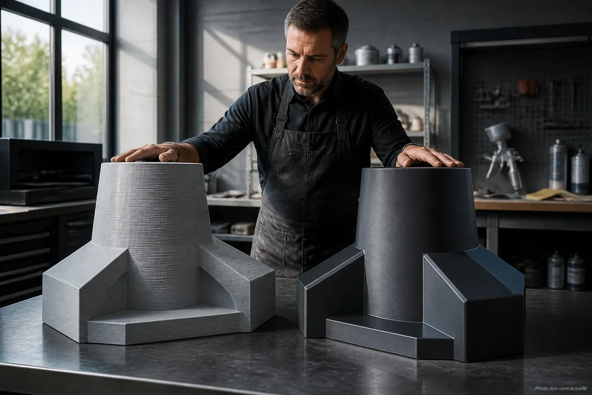 Pièce volumétrique imprimée en 3D grand format en sortie machine, couches d'extrusion visibles, posée sur un établi d'atelier professionnel